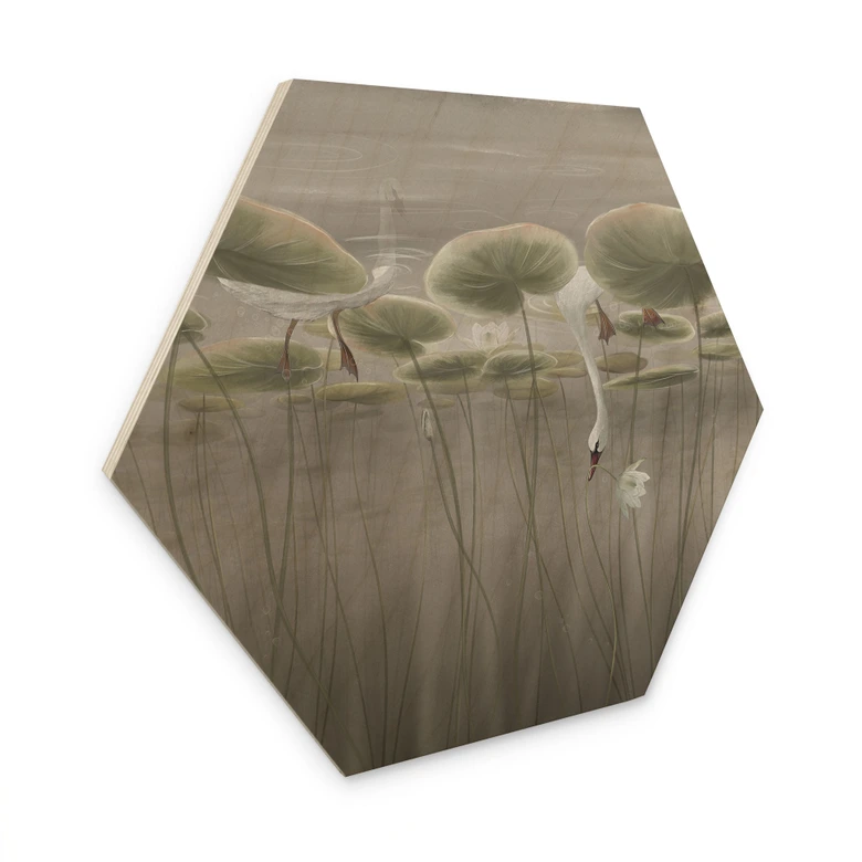 Hexagon Holzbild Lotusblumen mit Schwan im Wasser in Grau - Ms Tiff 