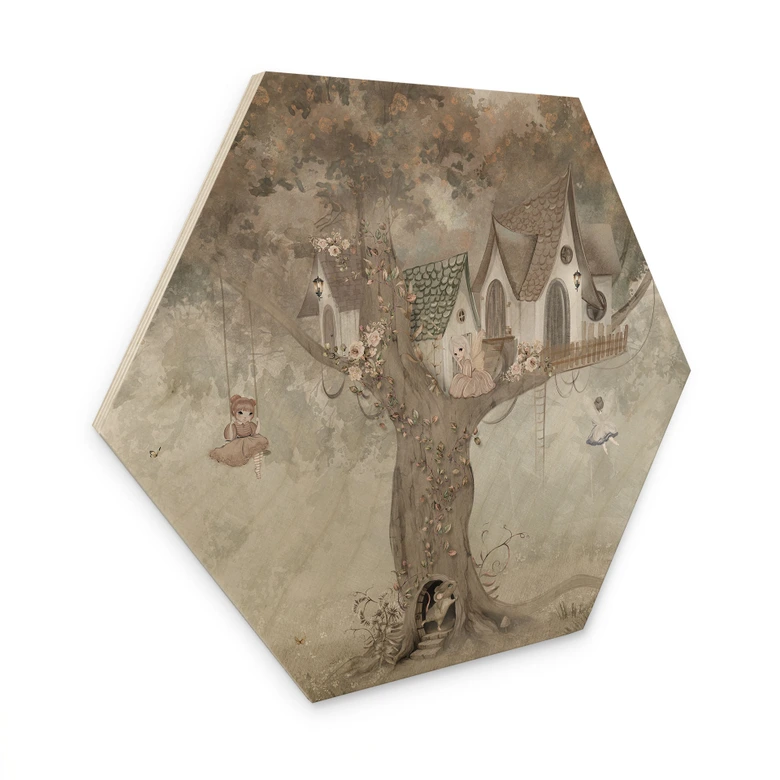 Hexagon Holzbild Magisches Baumhaus mit Feen - Ms Tiff 