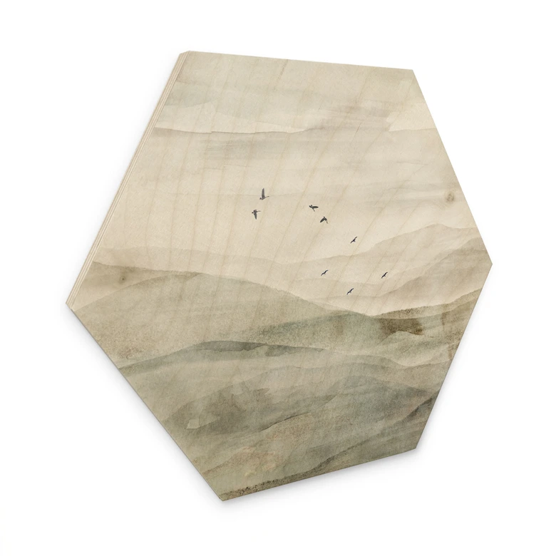 Hexagon Holzbild Neblige Berglandschaft Aquarell - Ms Tiff 