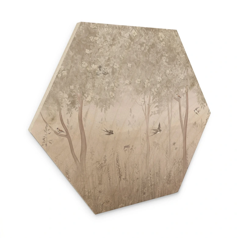 Hexagon Holzbild Sommerliche Schwalben im Blütenwald - Ms Tiff 