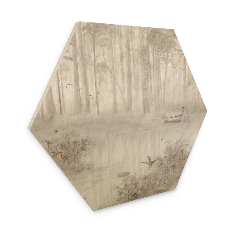 Hexagon Holzbild Wald am See im Nebel in Beige - Ms Tiff 