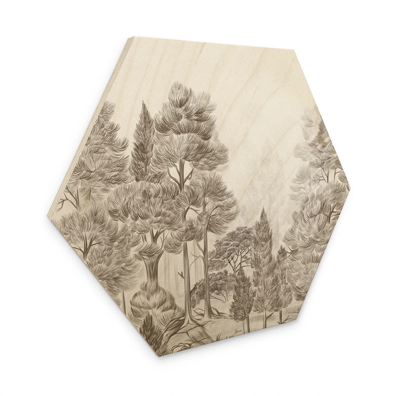Hexagon Holzbild Wald mit Waldlandschaft in Beige - Ms Tiff 