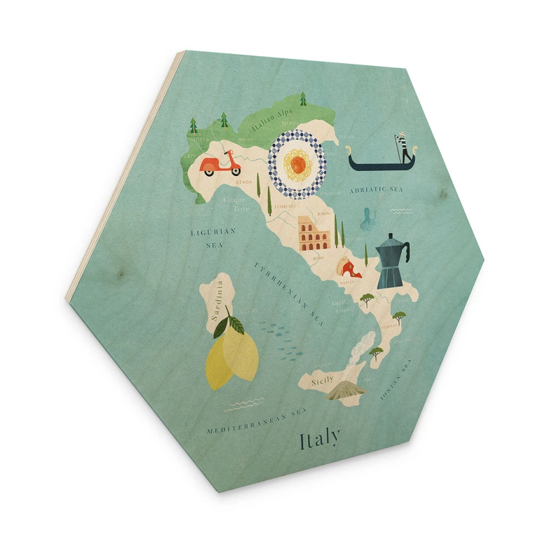 Hexagon Holzbild Karte von Italien - Rivers 