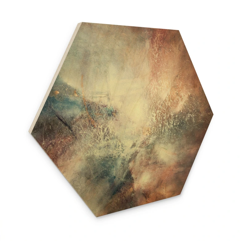 Hexagon Holzbild Abstrakter Nebel im Goldlicht - Schmucker 