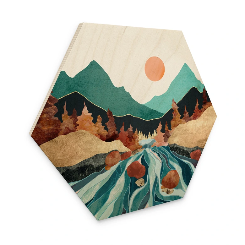 Hexagon-Holzbild Berg Land Fluss - SpaceFrog Designs 