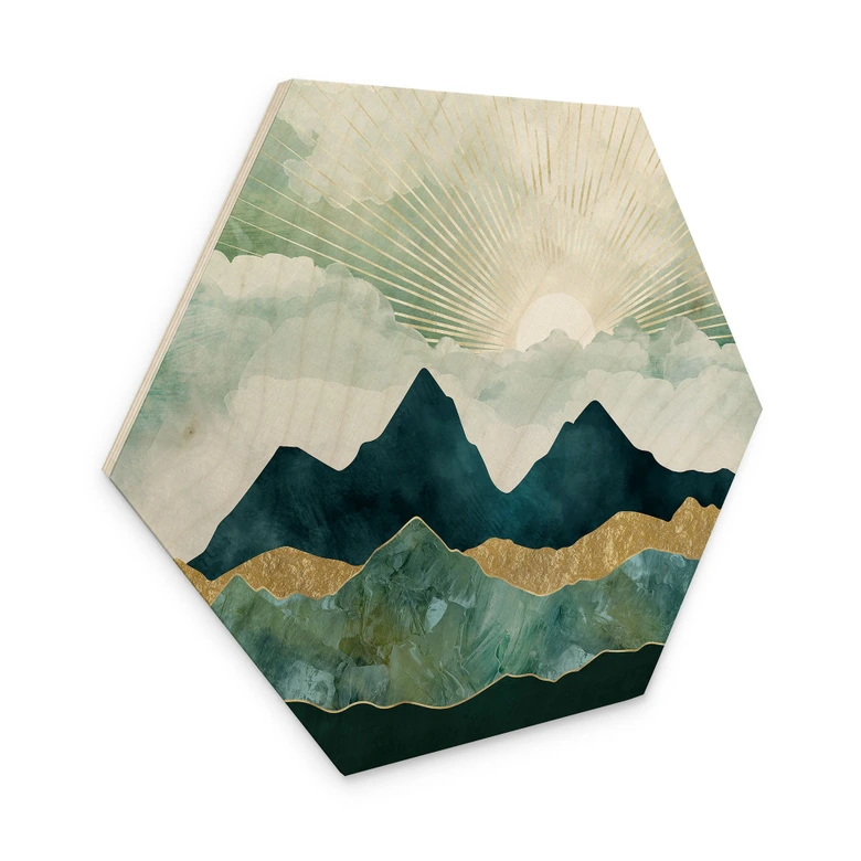 Hexagon Holzbild Sonnige Landschaft in Blau und Gold - SpaceFrog Designs 