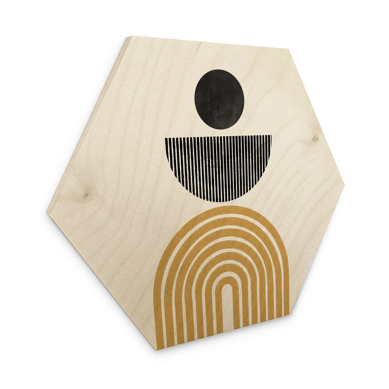 Hexagon Holzbild Abstrakte Komposition mit Kreis und Halbbogen - The Miuus Studio 