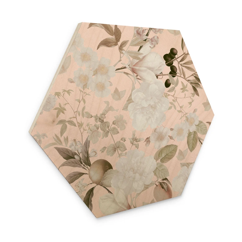 Hexagon-Holzbild Boho-Illustration mit Blumen und Früchten - UN Designs 