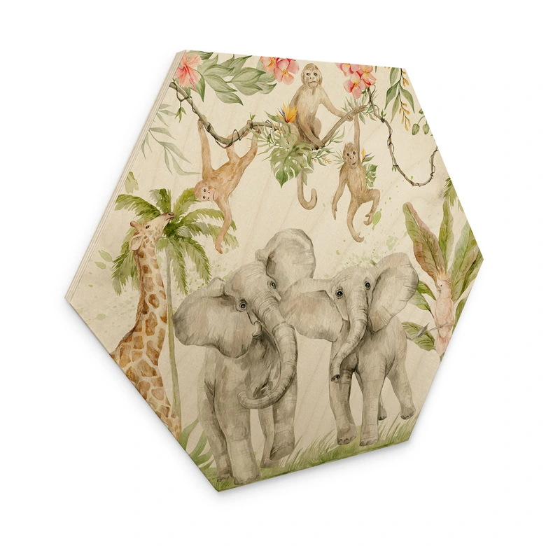 Hexagon Holzbild Tiere im tropischen Dschungel - UN Designs 