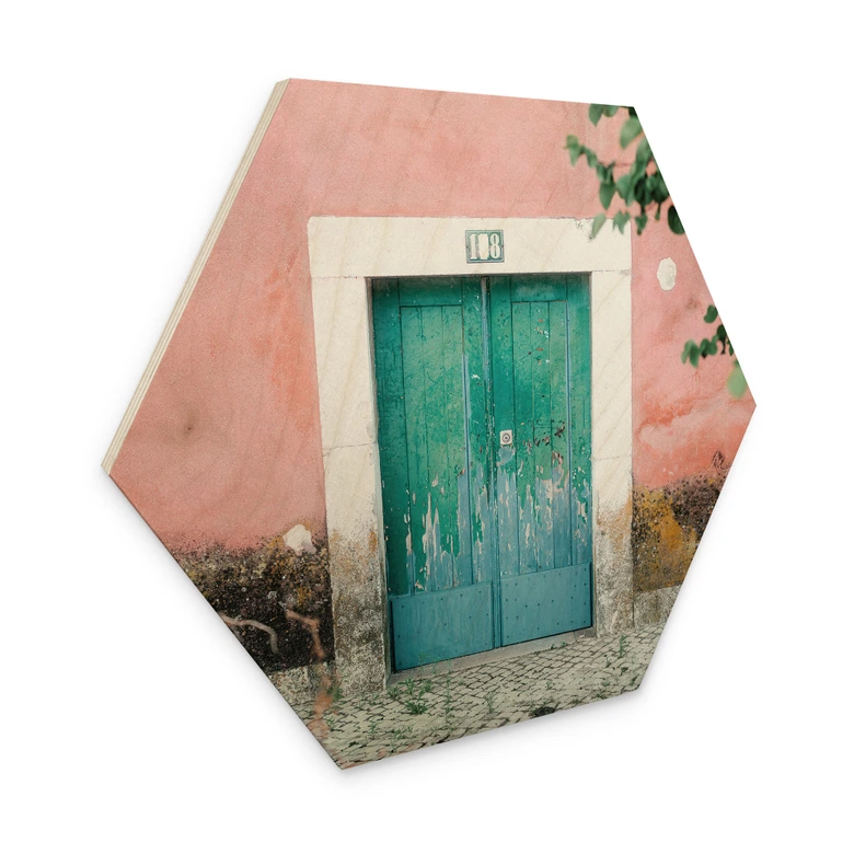 Tableau sur bois Hexagon Façade de maison méditerranéenne à Lisbonne - Zwart 