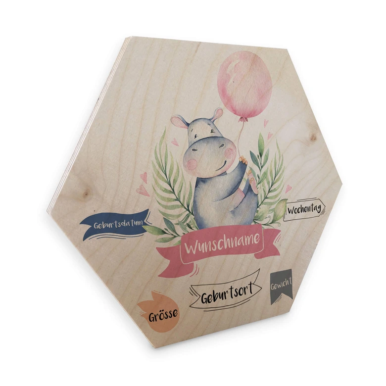 Hexagon - Holz Kvilis - Flusspferd rosa Luftballon + Wunschtext 