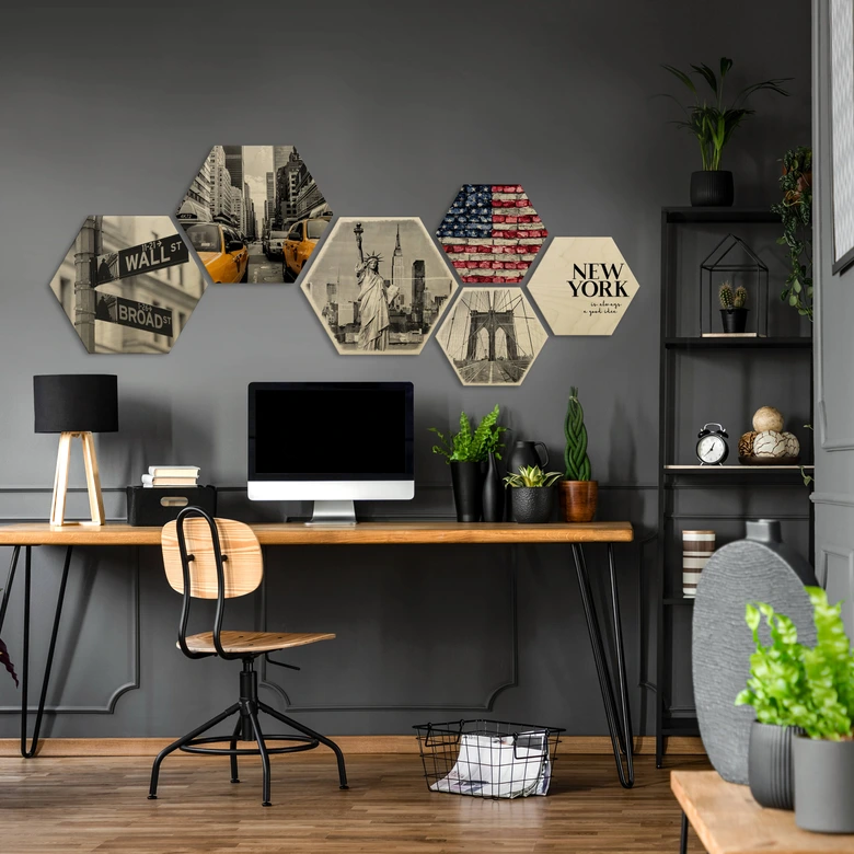 Hexagon Hout - set van 6 - New York 
