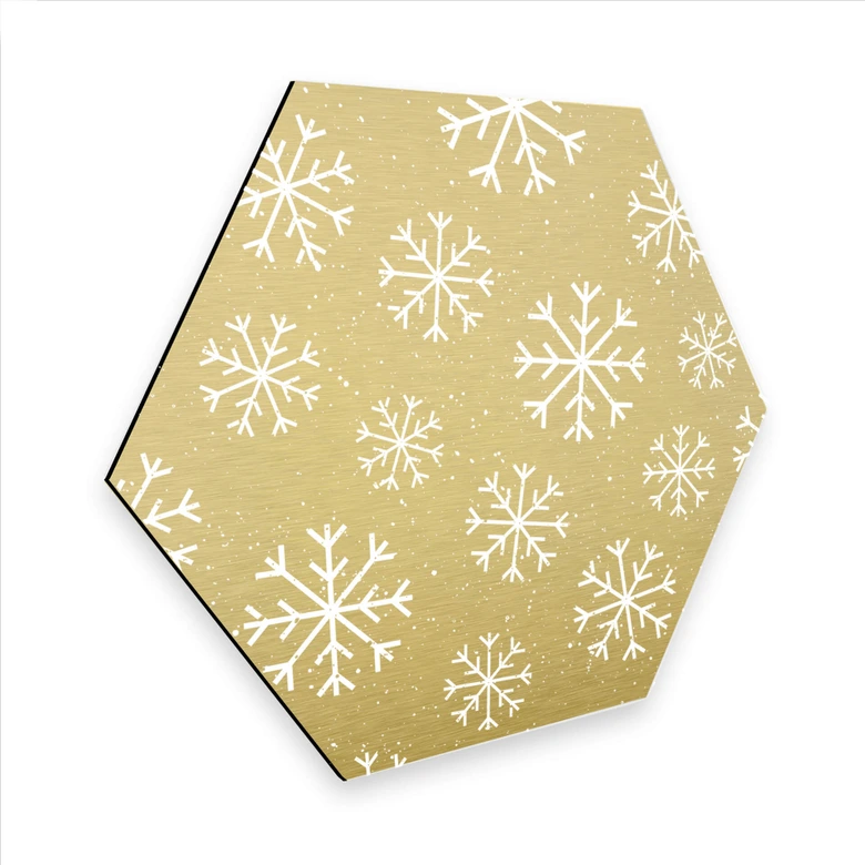 Hexagon - Alu-Dibond Goldeffekt Schneeflocken Eiskristalle Weiß 