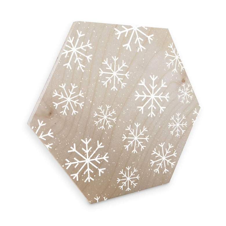 Hexagon - Holz Birke-Furnier Schneeflocken Eiskristalle Weiß 