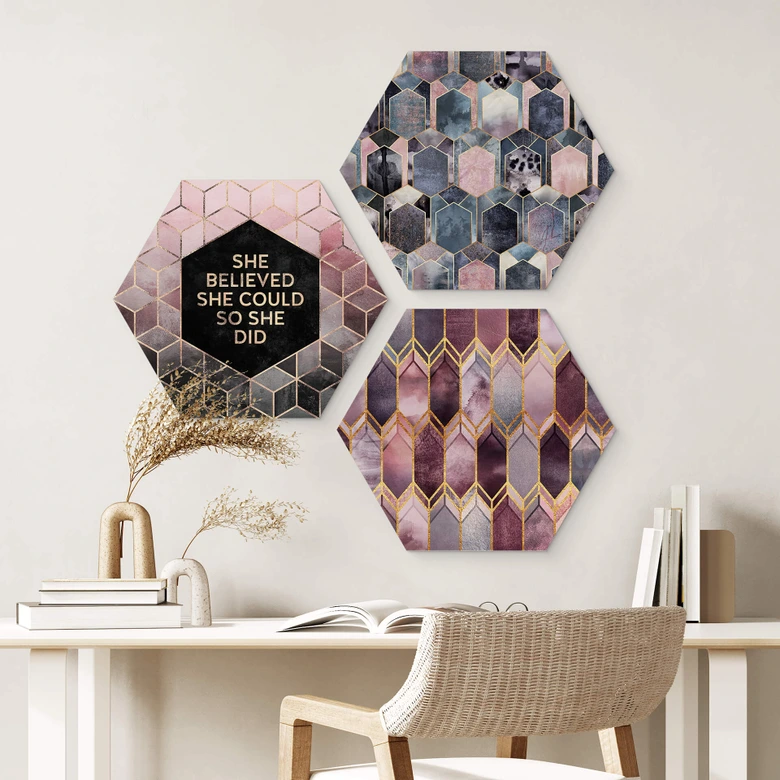 Hexagone - alu-Dibond Fredriksson - Géométrie en violet et or 
