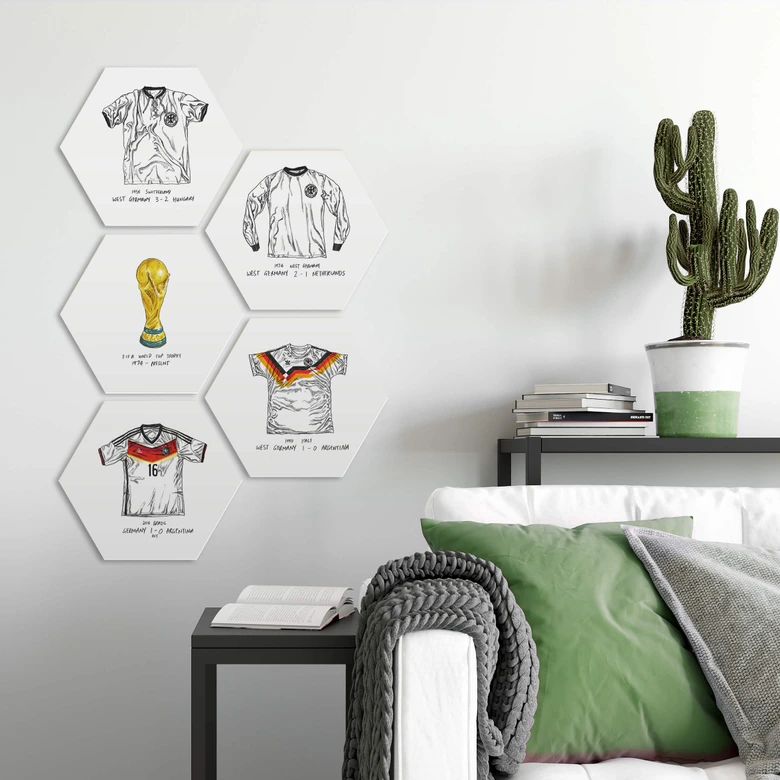 Hexagon - Alu-Dibond Sparshott - Fußballtrikots Deutschland 5er Set 
