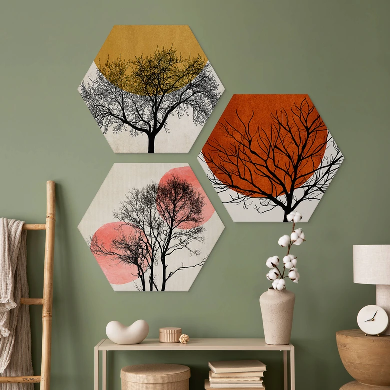 Hexagon Wandbild Kubistika - Warmer Sonnenuntergang Set (3-teilig) - Alu-Dibond 
