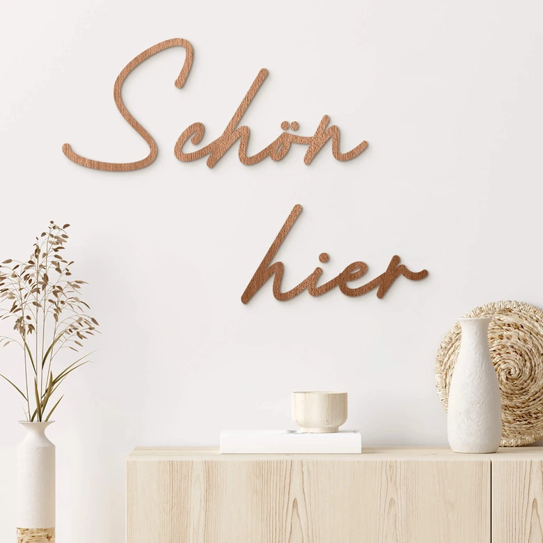3D Holz Schriftzug Schön hier - Mahagoni 