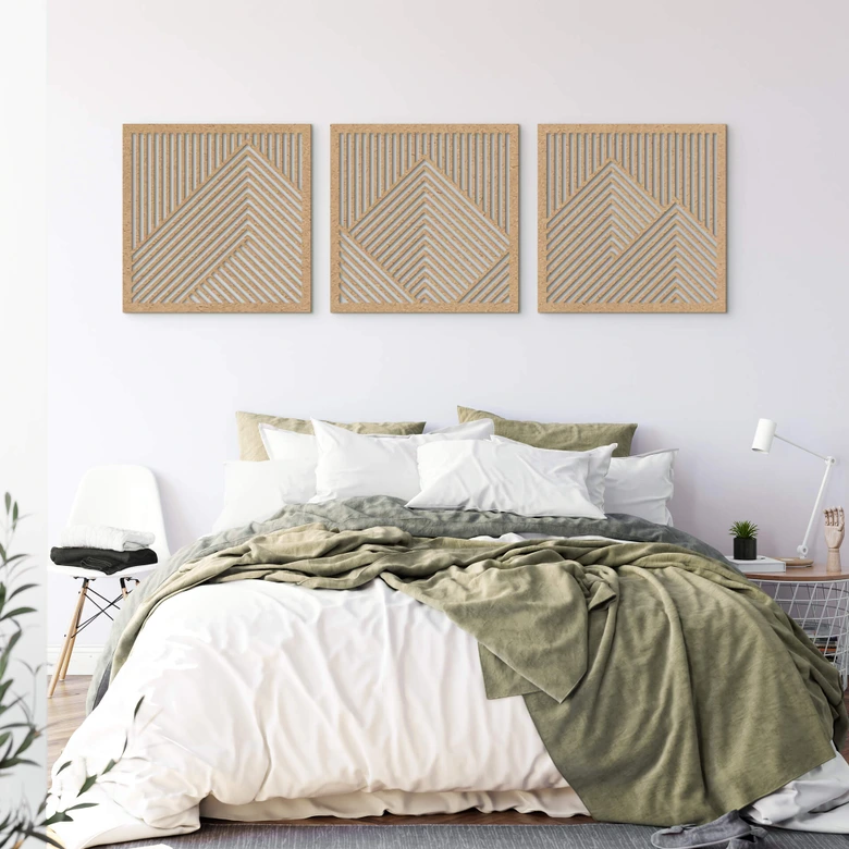 3D-väggdekoration bergslandskap väggpaneler trämotiv geometriska (3 delar) - MDF natur 