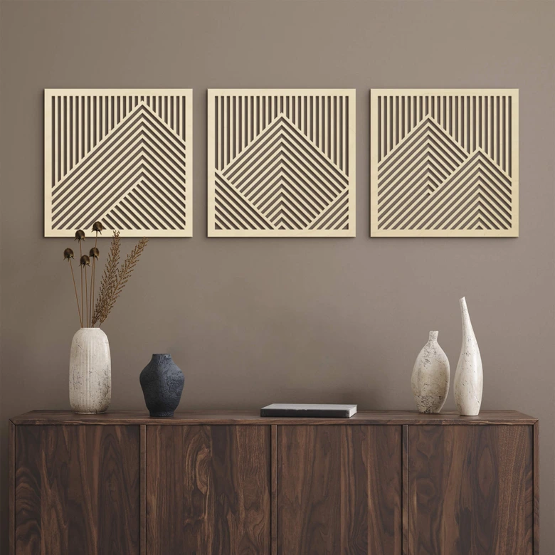 3D Wanddeko Berg Landschaft Wandpaneele Holz Motiv geometrisch (3-teilig) - Pappelholz 