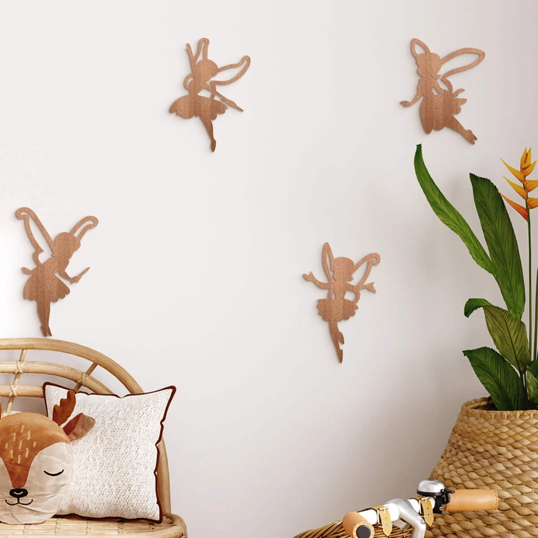 Houten Wanddecoratie Mahoniefineer Feeën (4 stuks) 