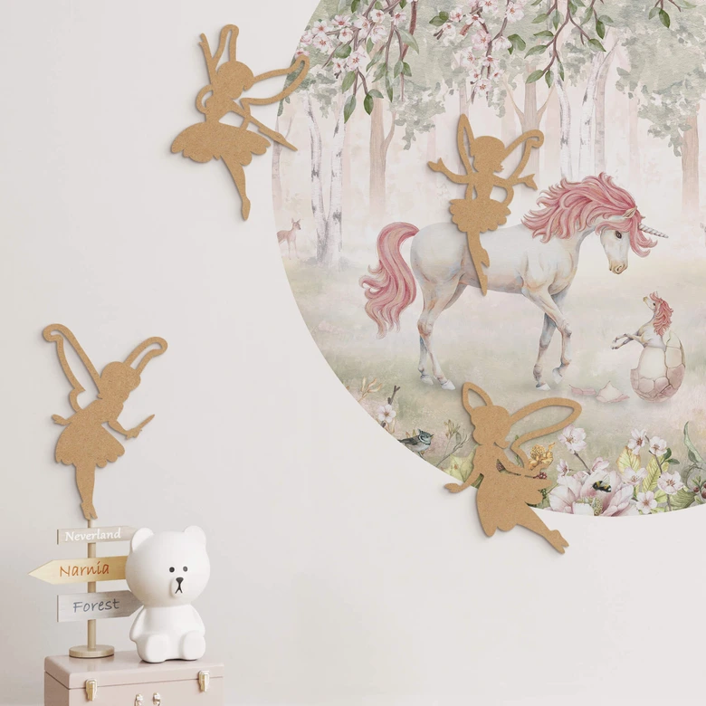 Decoración mural habitación infantil - Hadas - MDF naturaleza (4 piezas) 