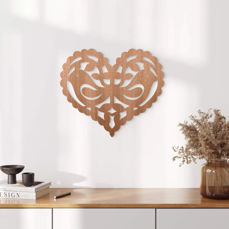 Décoration en bois placage acajou Couple d'oiseaux Amour 