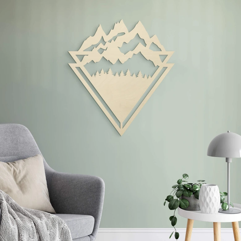 Holzdeko Pappel - Line-Art - Landschaft: Berge mit Wald 