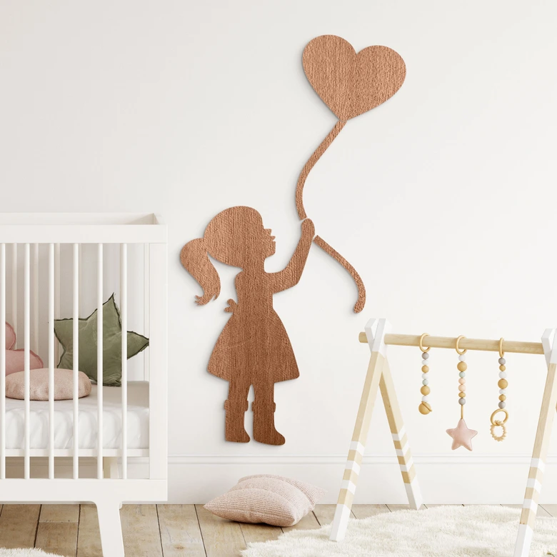 Wooden Wall Decoration Mahogany Veneer Girl with heart balloon 
