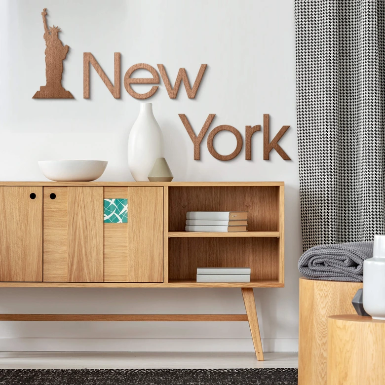 Holzkunst Mahagoni - Schriftzug New York  mit Freiheitsstatue 
