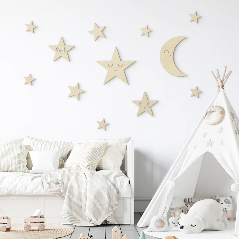 Holzdeko Mond und Sterne Set - Kawaii - Pappel 