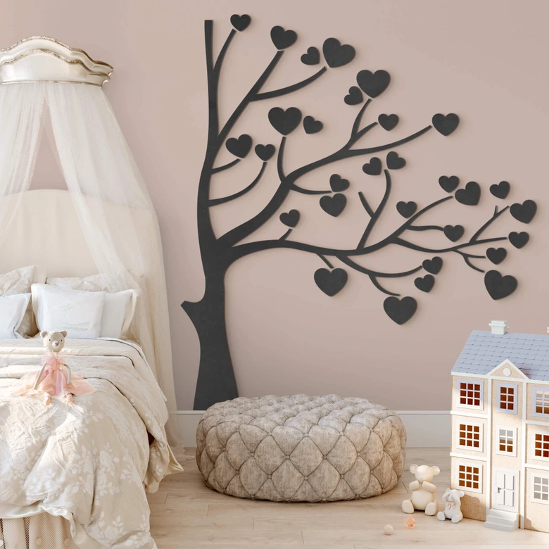 Panel mural de madera XXL árbol con corazones - MDF 