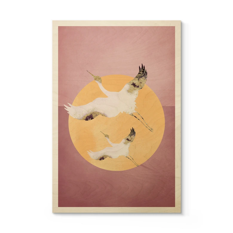 Holzbild Weiß-goldene Kraniche am pinken Himmel - Aureous 