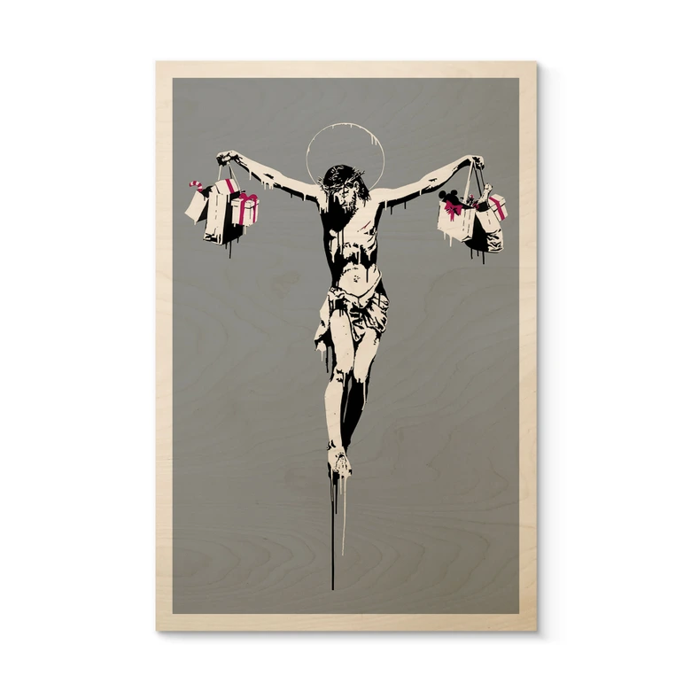 Holzbild Banksy - Jesus Christus mit Einkaufstüten 