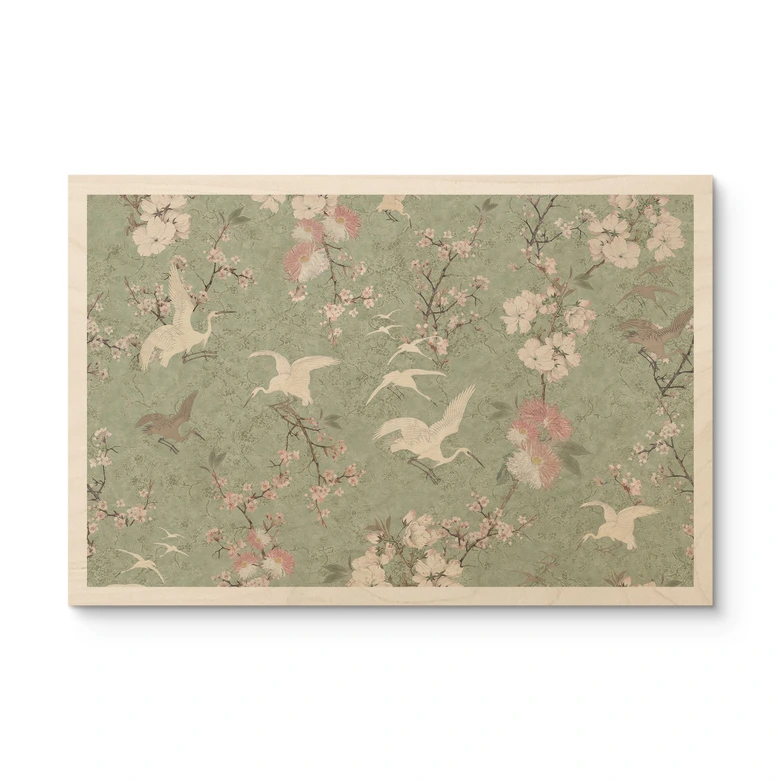 Obraz drewniany Żurawie w kolorze zielonego kwiatu wiśni - Bloomery Decor 