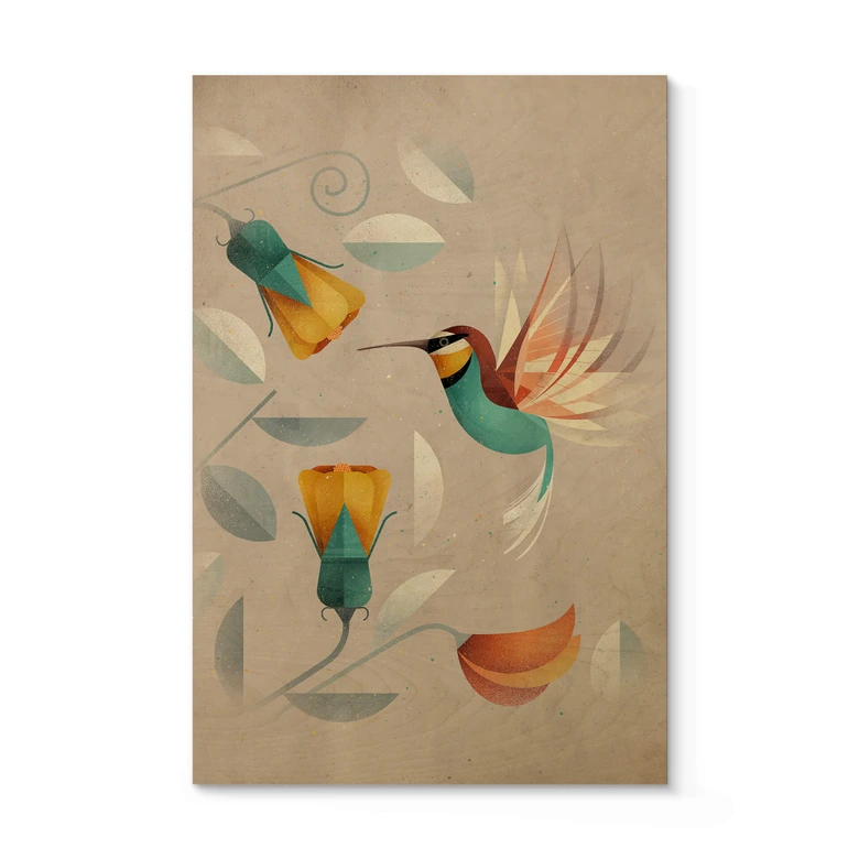 Holzbild mit Vogelmotiv - Kolibri - Braun 