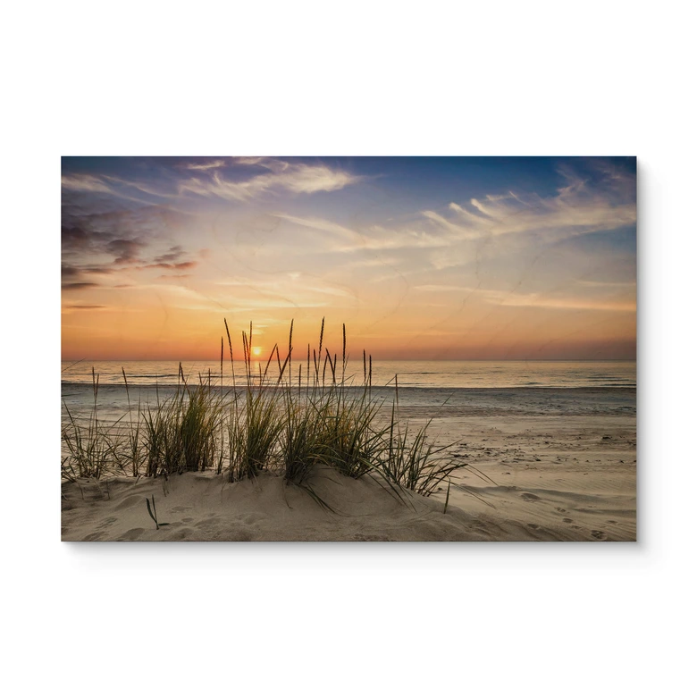 Holzbild Düne am Strand bei Sonnenuntergang 