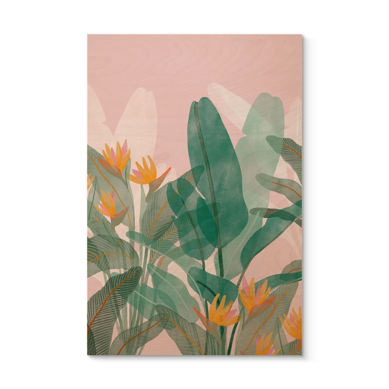 Holzbild Botanische Illustration in Grün und Rosa - Goed Blauw 