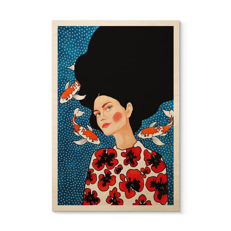 Tableau sur bois Femme en robe fleurie avec kois - Hülya 