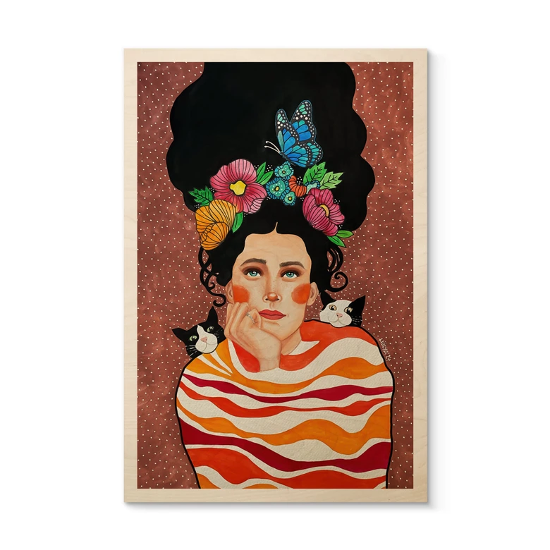 Holzbild Frau mit Blumenkrone und Katzen - Hülya 