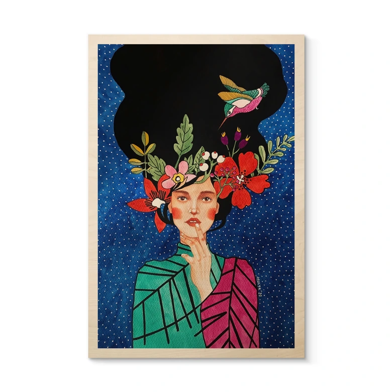 Wood Print Woman with hummingbird in the starry night - Hülya 