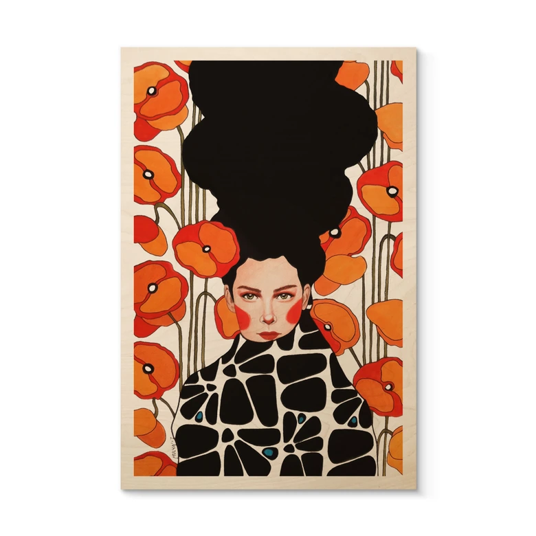 Holzbild Frau mit Retro-Mohnblumen - Hülya 
