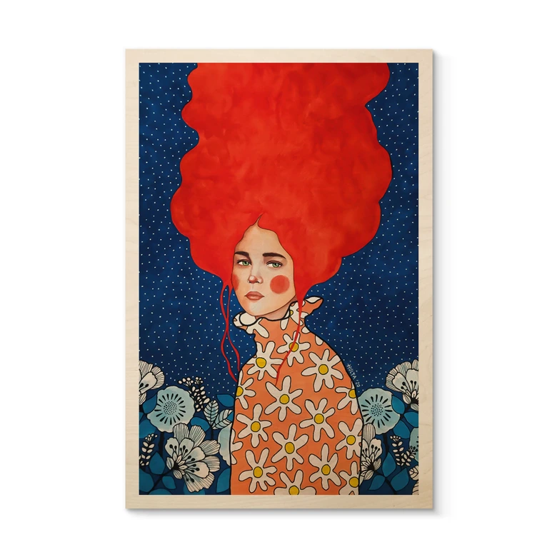 Holzbild Frau mit rotem Haar und Blüten - Hülya 