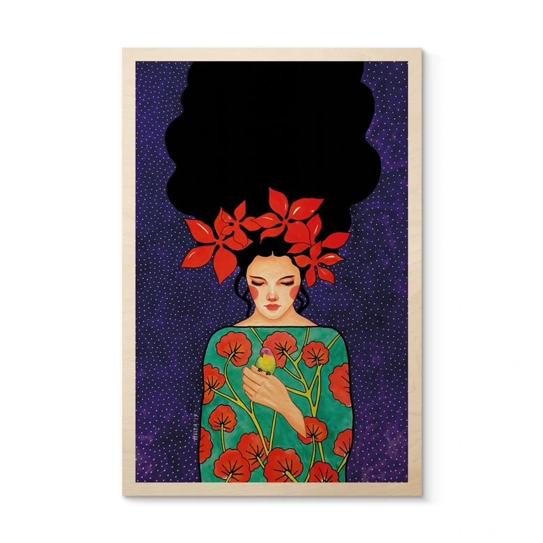Holzbild Frau mit roter Blütenkrone und Vogel - Hülya 