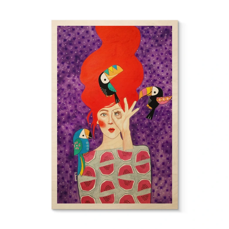 Tableau sur bois Femme avec trio de toucans - Hülya 