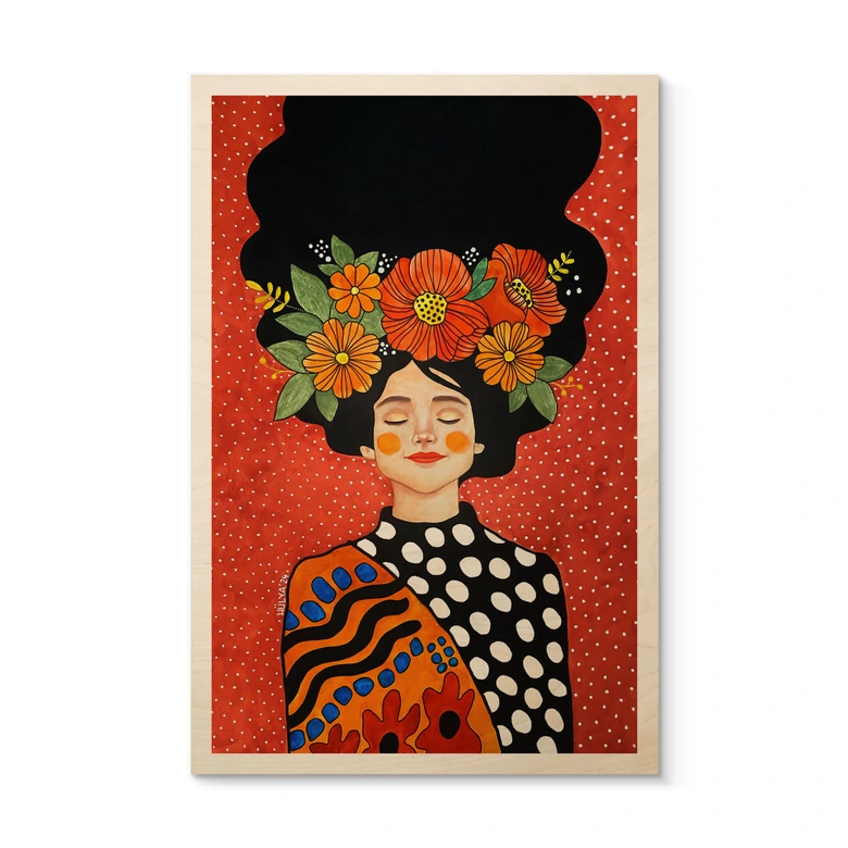 Holzbild Lächelnde Frau mit orangen Blumen - Hülya 