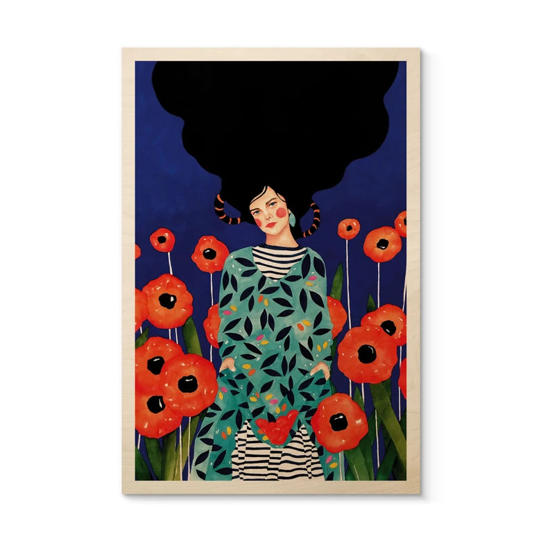 Holzbild Porträt im Mohnblumenfeld - Hülya 