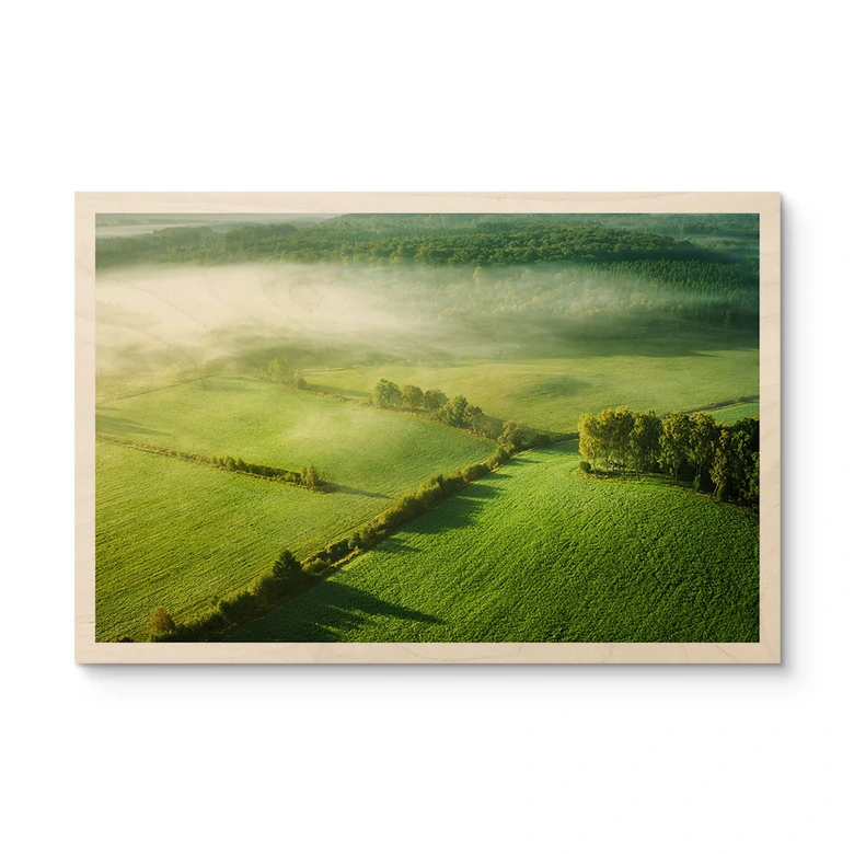 Holzbild Idyllische Felder im Nebel - Keller 