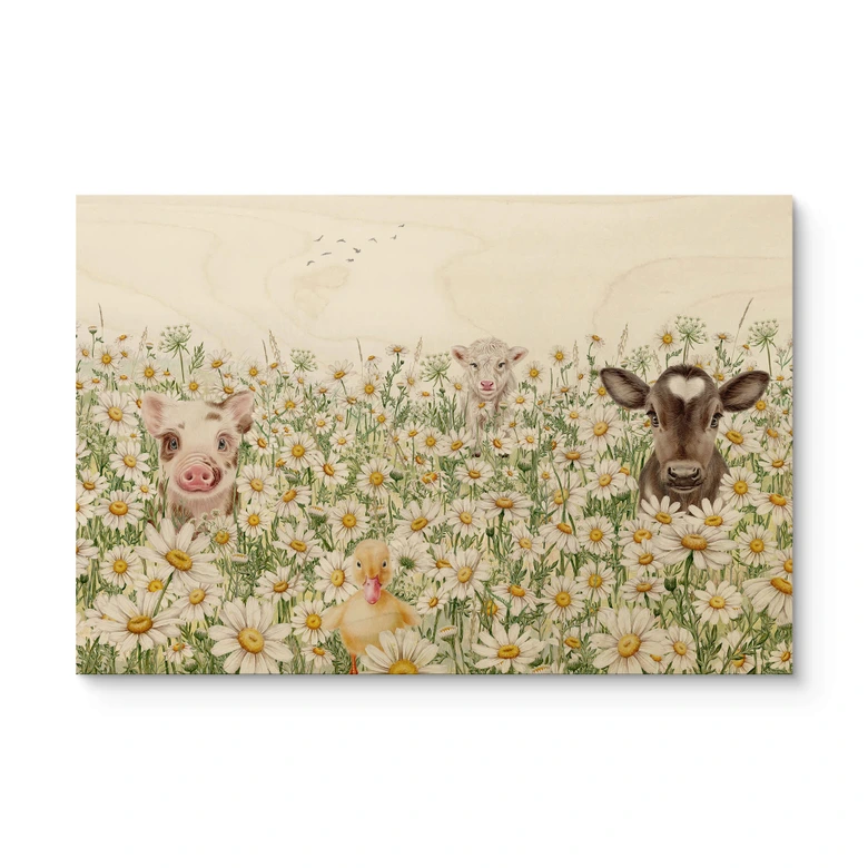 Holzbild Bauernhoftiere auf der Blumenwiese - Kikki Belle 