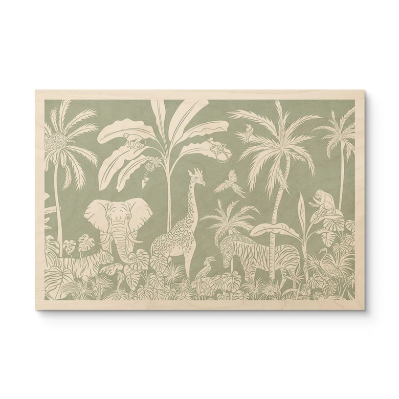 Cuadro de madera de animales de la selva en verde tropical - Kikki Belle 
